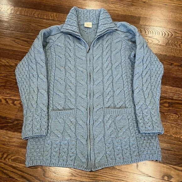 Kilronan Knitwear Merino Wool Cable knit Sweater Women's L Blue Full Zip Ireland - Picture 1 of 7